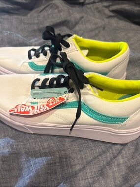 Vans White Low-Top Sneakers with Teal Stripe and Neon Yellow Lining